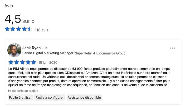 avis donné sur le logiciel PIM Afineo sur LinkedIn