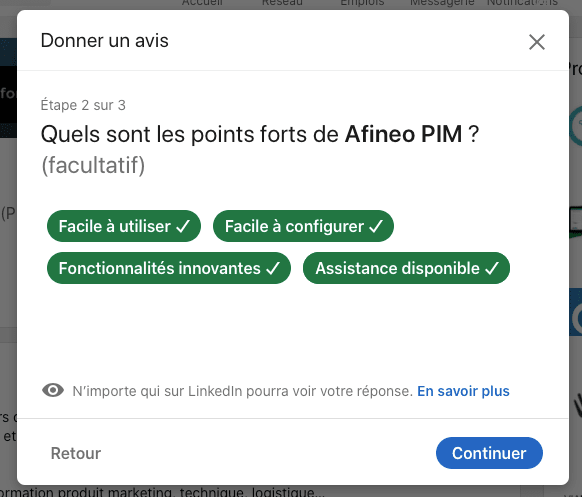 donner son avis sur les fonctionnalités du PIM Afineo sur LinkedIn