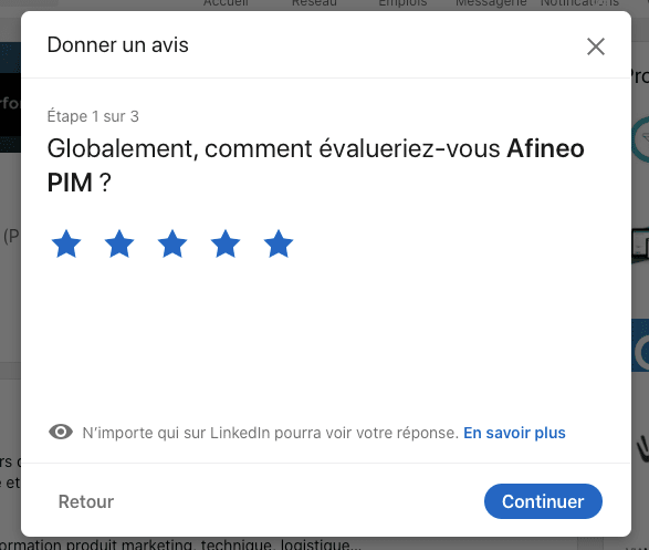 notation 5 étoiles du logiciel PIM Afineo sur LinkedIn