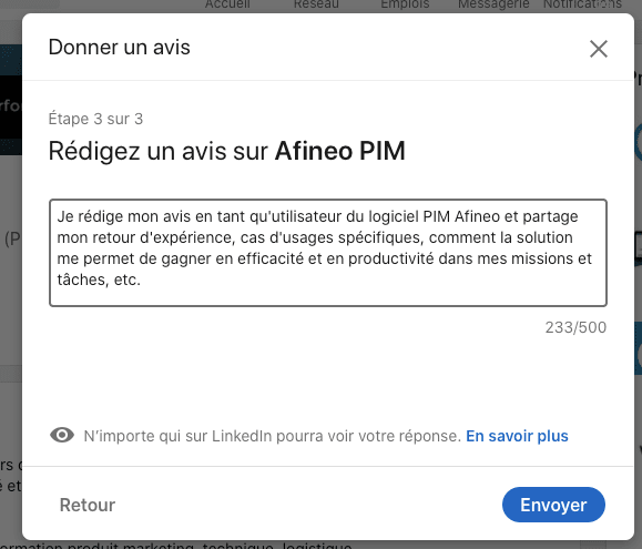 rédiger son avis sur Afineo pim sur Linkedin