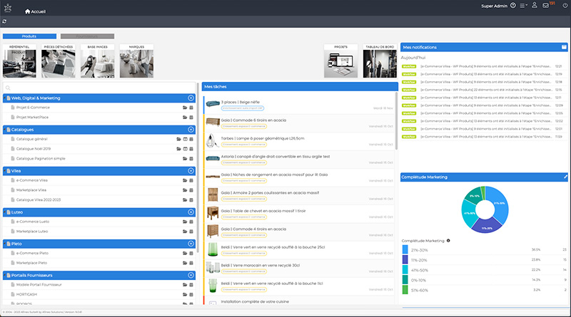 Page d'accueil logiciel gestion données, référentiels, tableaux de bord et notifications utilisateurs