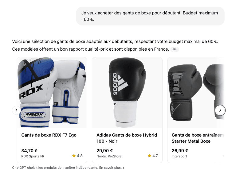 ChatGPT Shopping : carrousel de produits