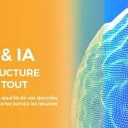 Illustration abstraite de données structurées en réseau de points bleus et verts, symbolisant l'importance de la qualité des données produit pour l'intelligence artificielle