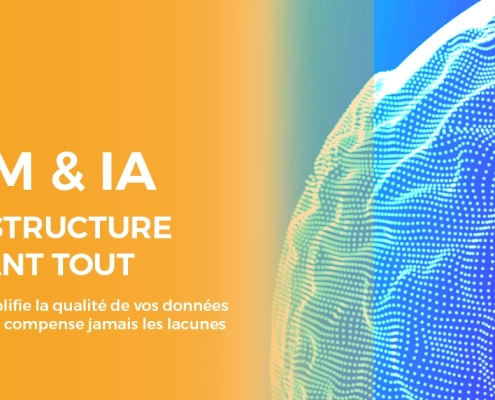 Illustration abstraite de données structurées en réseau de points bleus et verts, symbolisant l'importance de la qualité des données produit pour l'intelligence artificielle